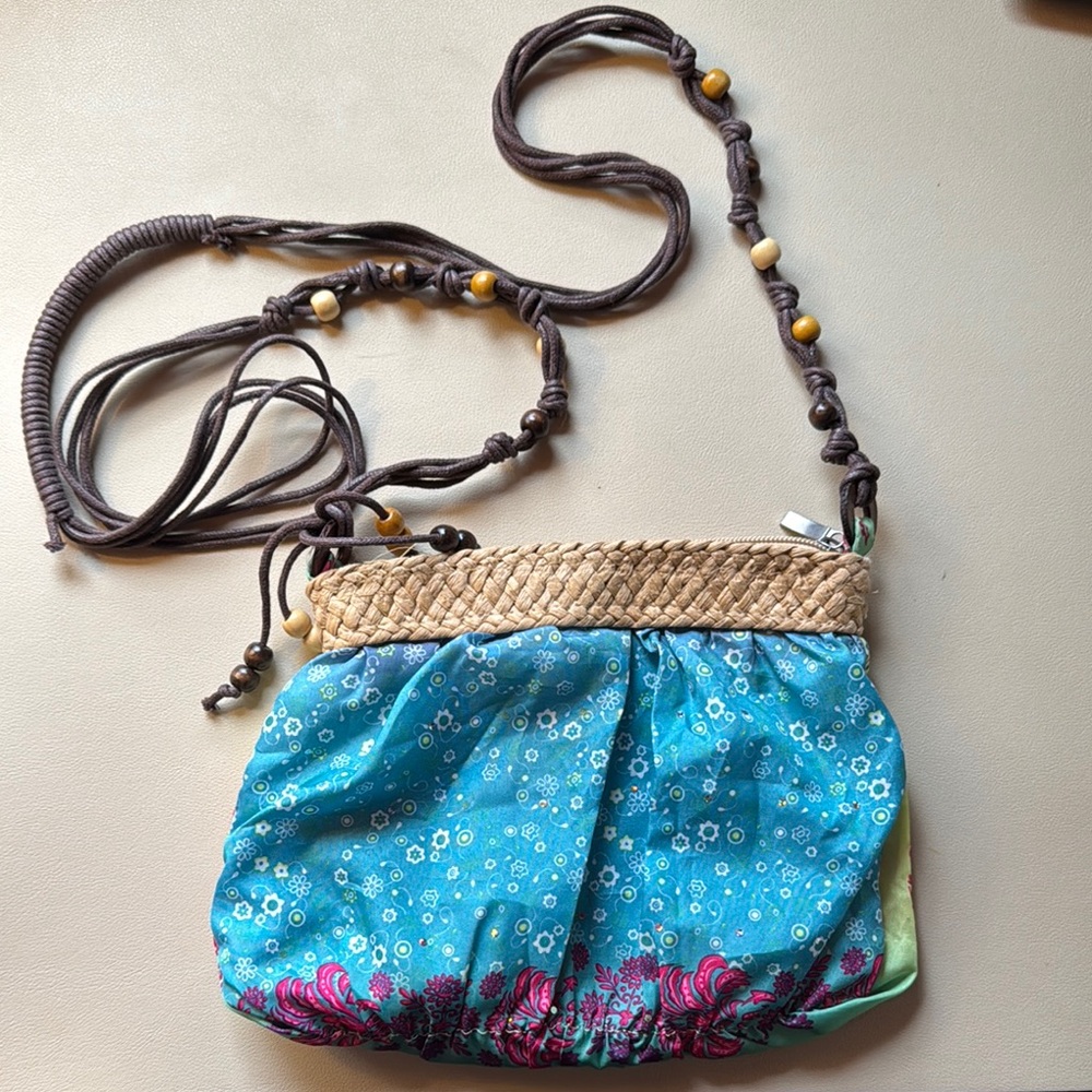 Floral Blue/ Green and Tan Straw Women's Bag